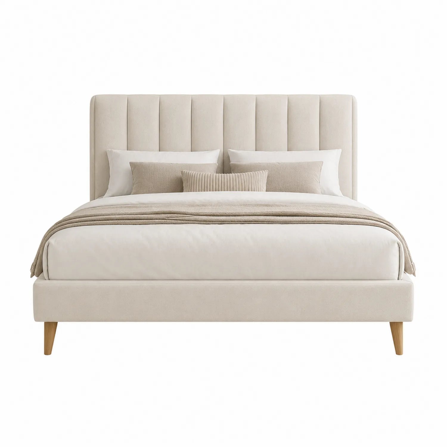 Letto in Tessuto Beige con Gambe in Legno 160x200 cm