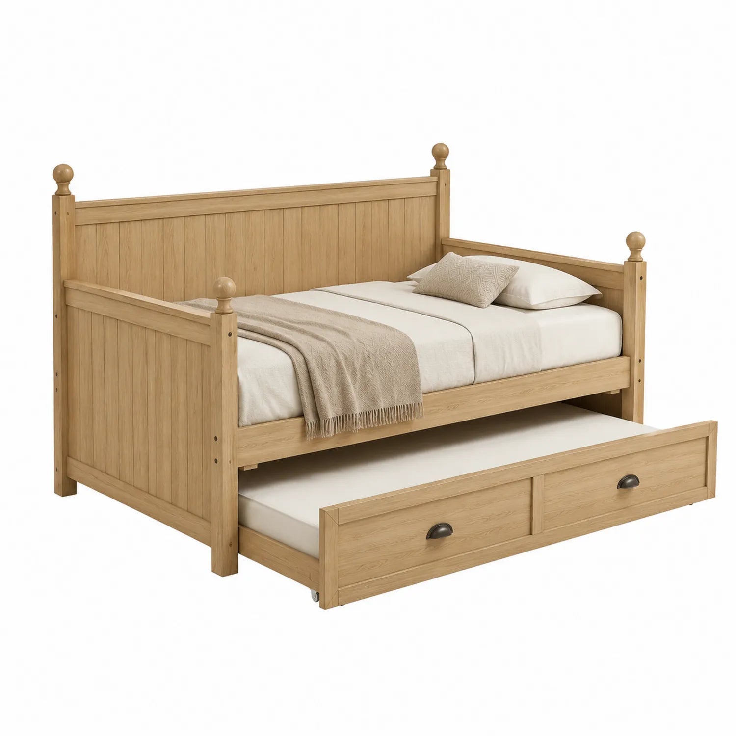 Letto con Cassetto Estraibile in Legno di Quercia Chiara