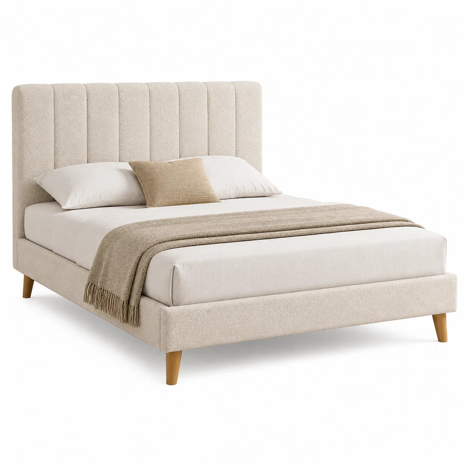 Letto matrimoniale in poliestere beige con testiera imbottita e gambe in legno 160x200 cm