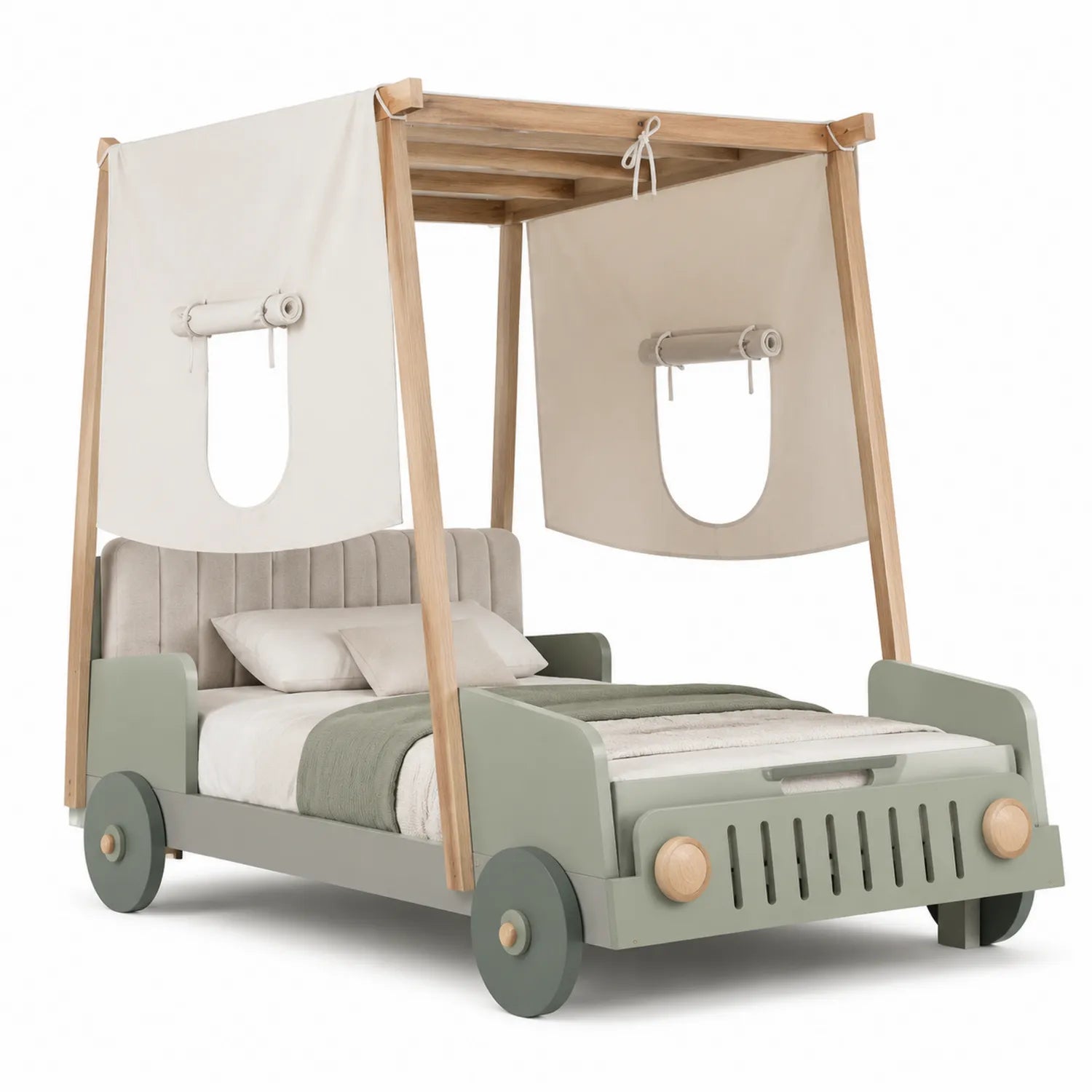 Letto per bambini a forma di macchina in legno e tessuto Verde