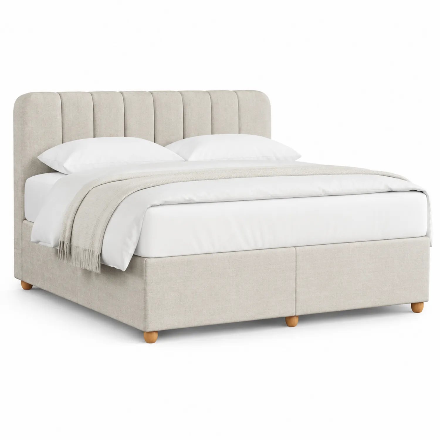 Letto matrimoniale imbottito in tessuto beige con testiera