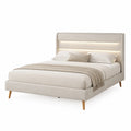 Letto matrimoniale imbottito con testiera illuminata in tessuto beige e legno