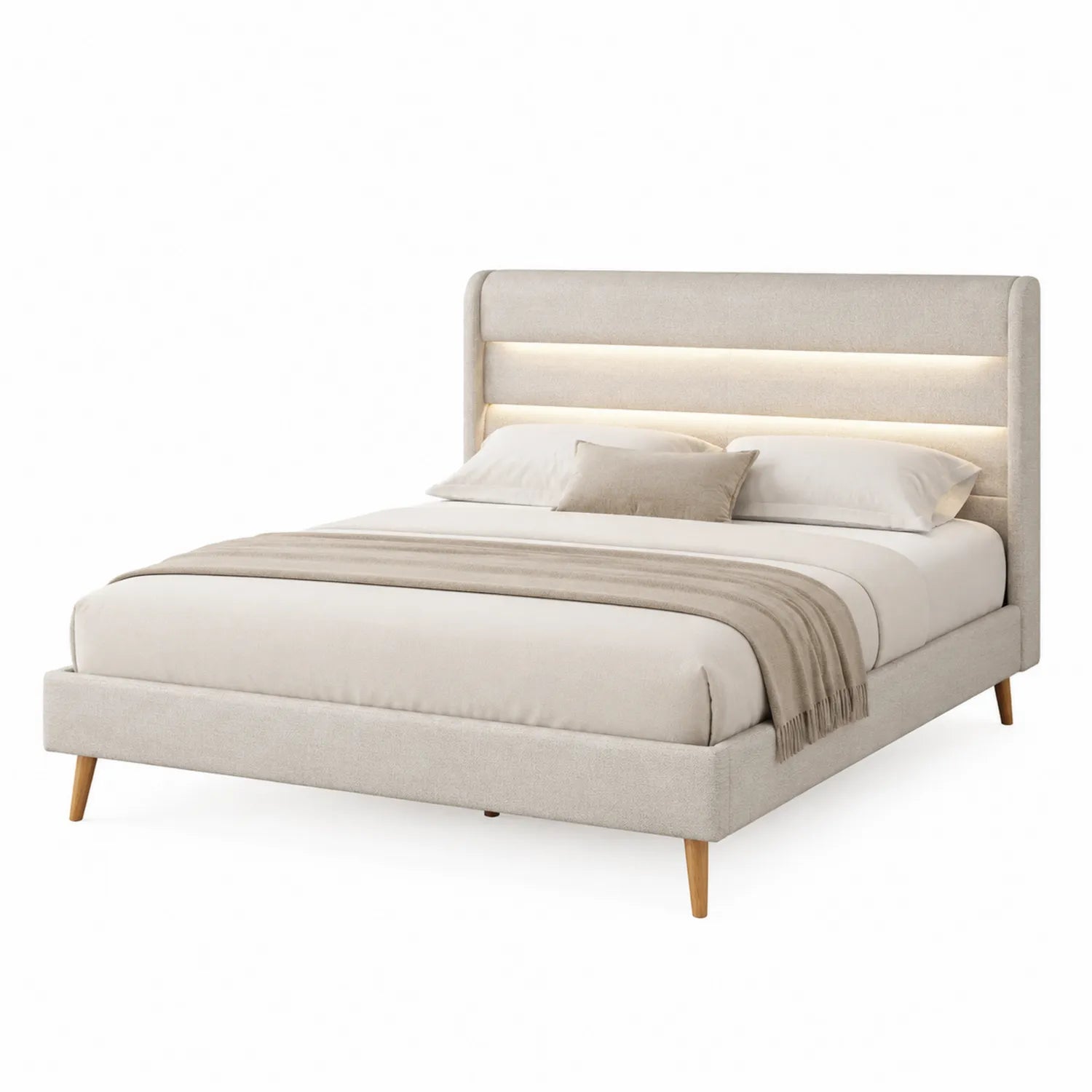 Letto matrimoniale imbottito con testiera illuminata in tessuto beige e legno