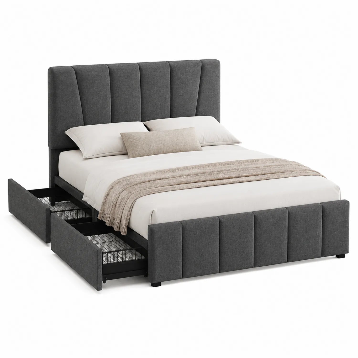 Letto matrimoniale in tessuto grigio con cassetti 200cm x 160cm